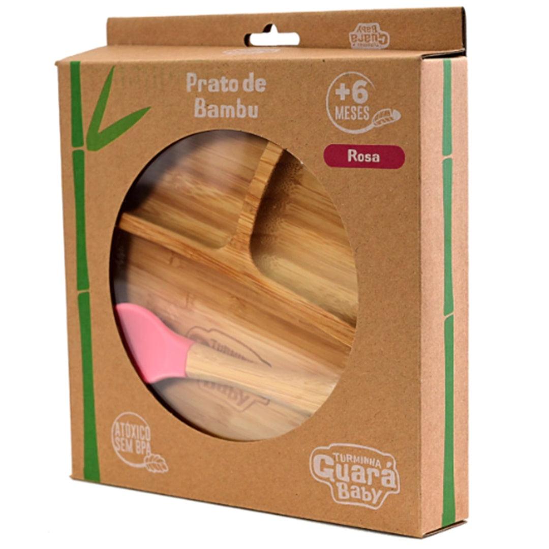 Prato de Bambu Com Divisórias e Ventosas Turminha Guará Rosa